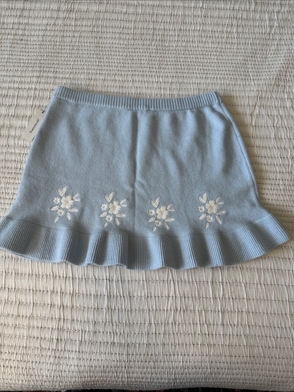 Francesca's Collections Light Blue Knit Mini Skirt with White Floral Embroidery